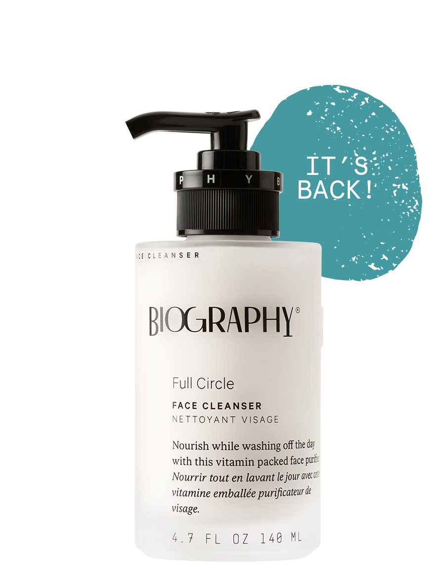 Biography Full Circle Face Cleanser bottle on a white background with a teal circle and text saying "IT'S BACK!"