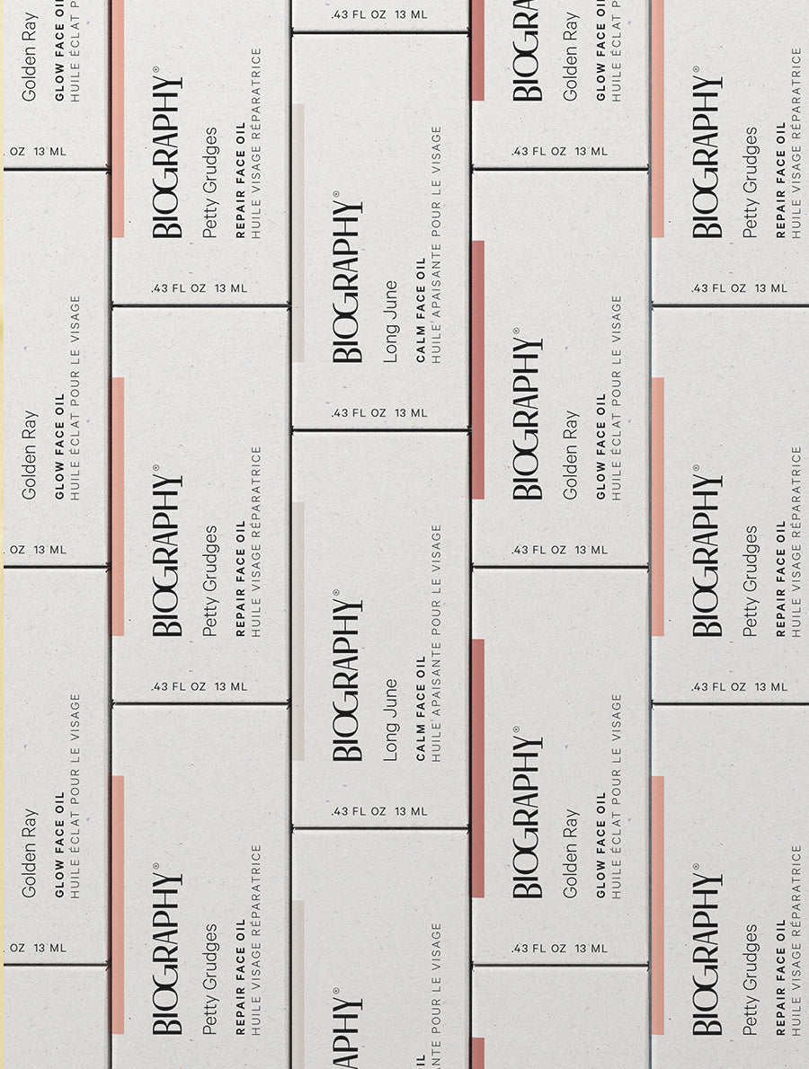 Grid of paper boxes with orange, grey, and red stripes and BIOGRAPHY logo.